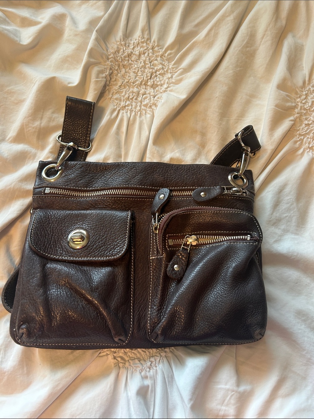 Roots Villager style Leather Crossbody Bag - Dark Brown